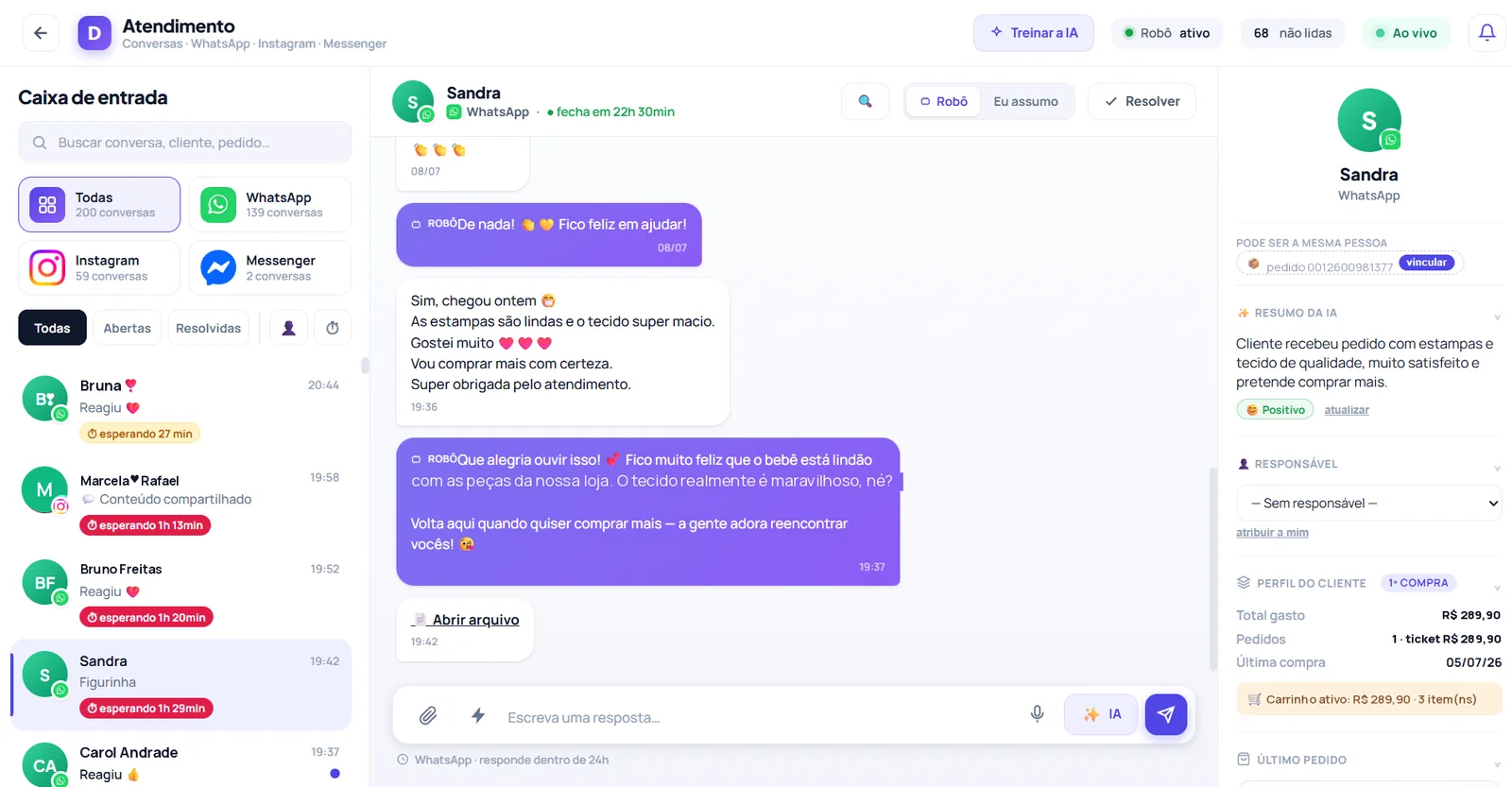Inbox do Atendimento: conversas por canal, responsável e histórico