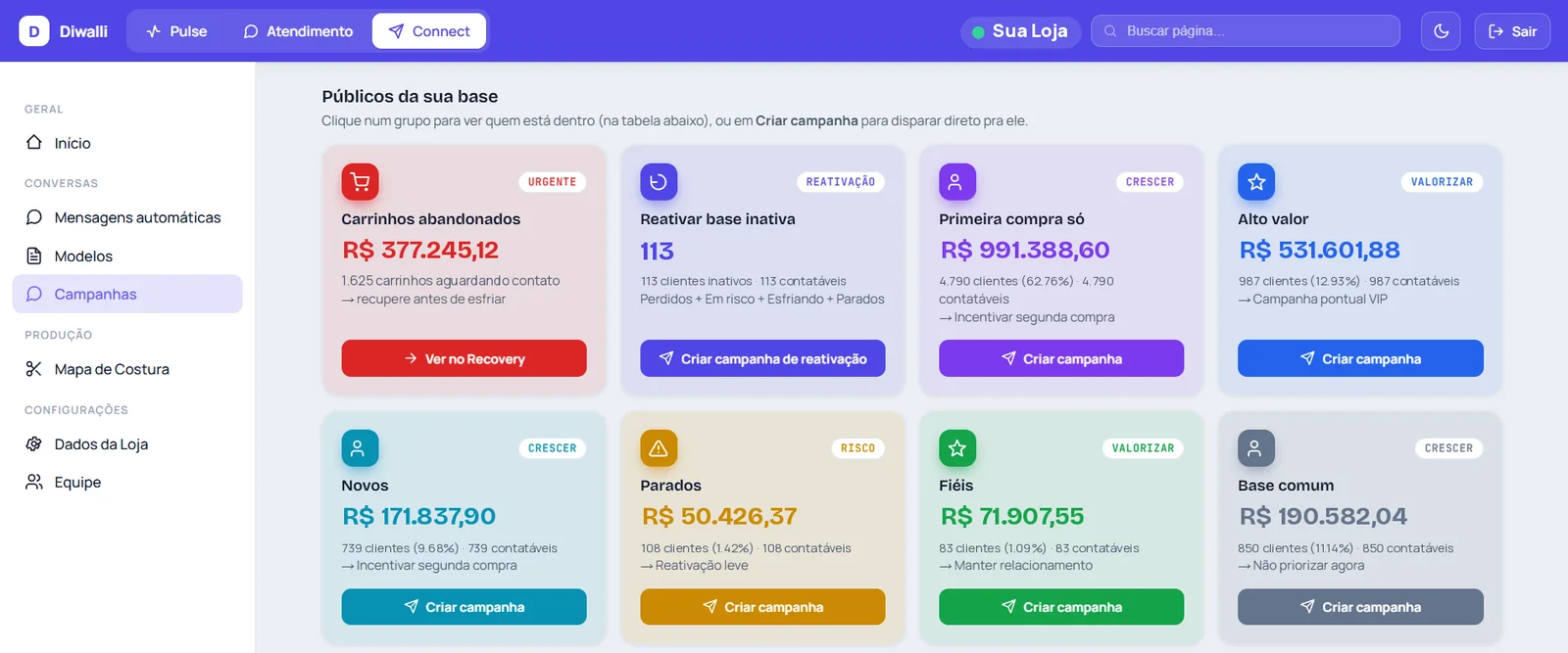 Públicos da base prontos para campanha, com potencial de receita